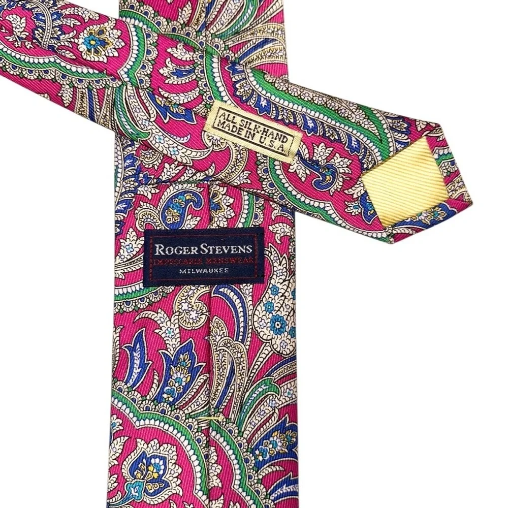 JZ Richards Gallery Collection Mens Tie Handmade Silk Paisley Pink 61x3.25” USA
